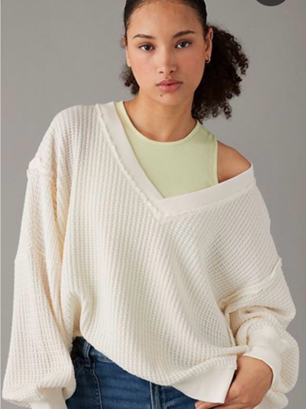 American Eagle AE Big Hug Waffle Sweatshirt in cream waffle knit oversized L